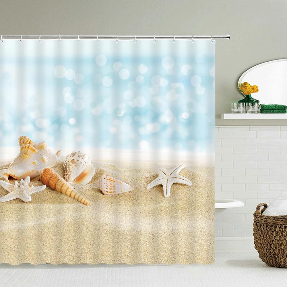 Pláž Moře Palmy Sprchové závěsy Scenérie Vodotěsné 3d Koupelnové závěsy s háčky Domácí dekorace Omyvatelná koupelnová zástěna