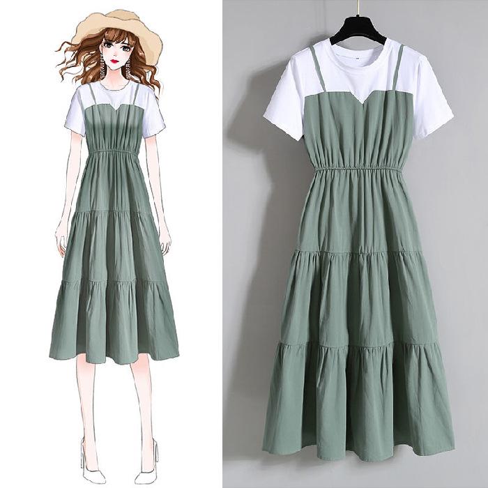 

Plus Size Women s Two-Piece-Look Cinched Waist Short-Sleeve Long Dress - Slimming & Versatile for Summer L зелёный