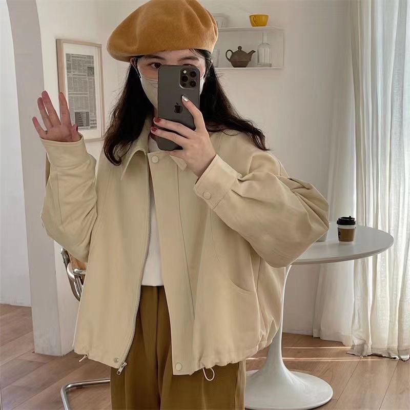 2026 Spring Solid Color Women s Lapel Loose Short Jacket with Drawstring Hem XL абрикосовый