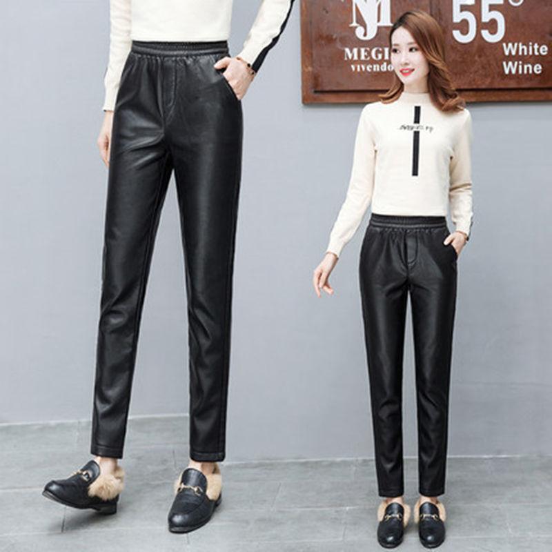 Faux Leather Plush Thickened High Waist Elastic Korean Size Pu Pants Women's  Fashion  Pants Women Clothing