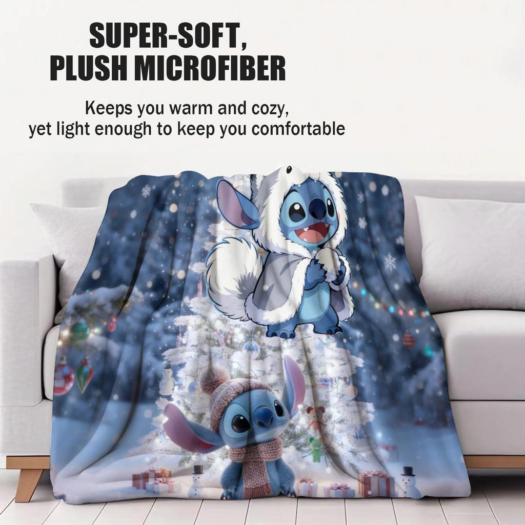 Stitch Snowy Winter Themed Series Cute Cartoon Print Fleece Blanket for Adult Quality Cozy Warm Blanket for Travel Picnic Home