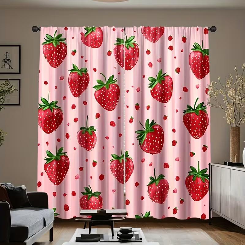 2Pcs Pink Strawberries Print Curtains,suitable for Bedroom,living Room Kitchen Decoration,home Decoration,window Decoration