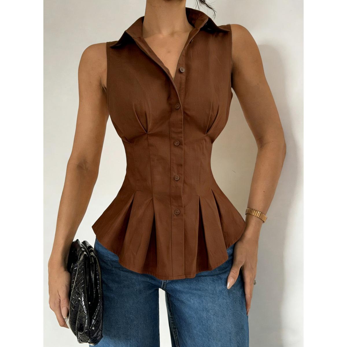 Women s Lapel Ruffled Trim High Waist Sleeveless Blouse S
