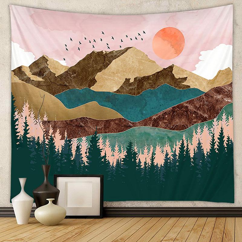 Nordic Mountain Sunset Printed Tapestry Natural Landscape Wall Hanging Cloth Beautiful Bedroom Background Decoration with Nails