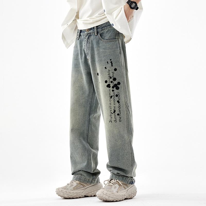 Printed jeans men's new American high street retro washed nostalgic loose straight trousers street trendy trousers