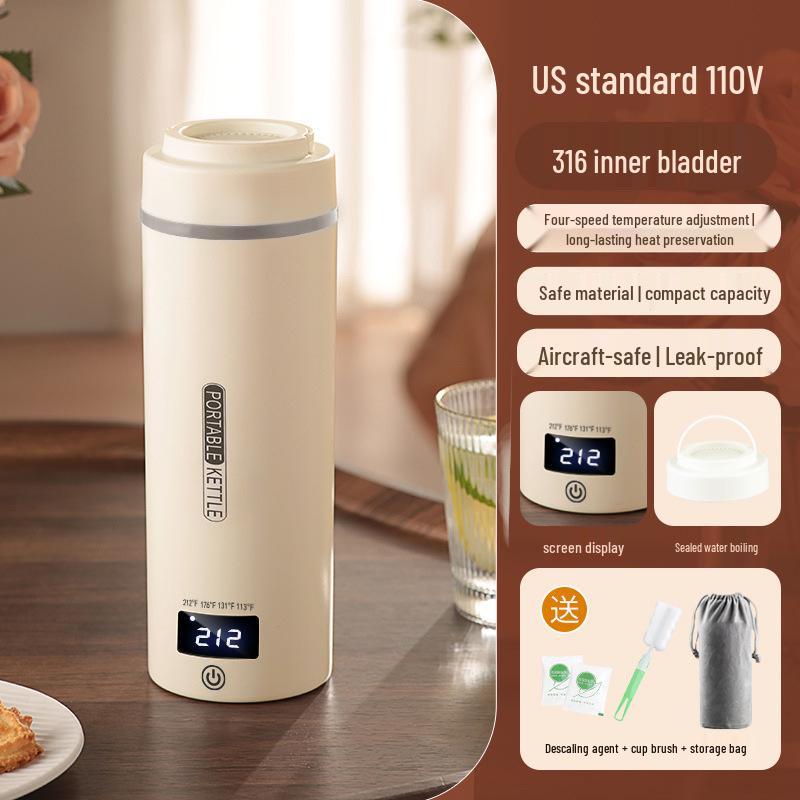 Tragbarer 110V Wasserkocher mit US-, UK-, EU-Steckern - Isolierter elektrischer Becher aus 316 Edelstahl.