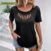 Blusas y camisas informales de manga corta con cuello redondo y estampado de Color sólido a la moda para mujer
