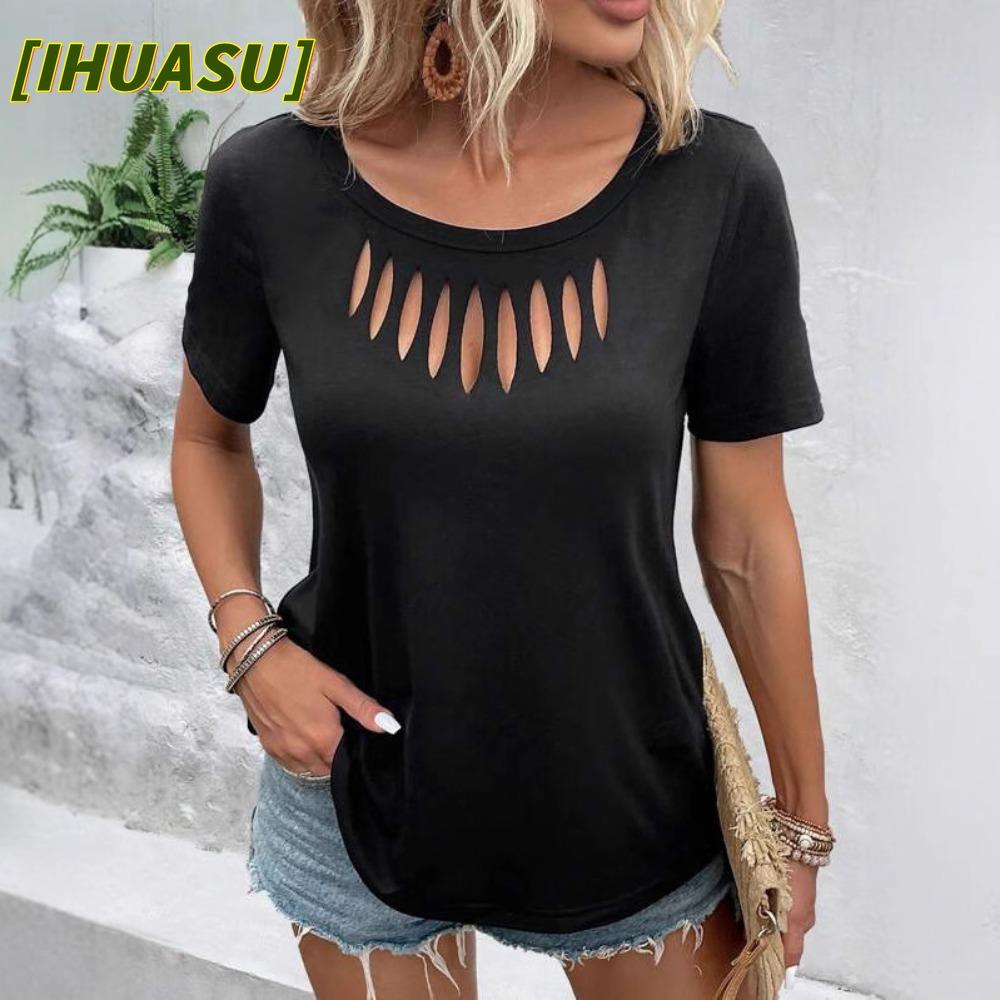 IHUASU Blusas y camisas informales de manga corta con cuello redondo y estampado de Color sólido a la moda para mujer