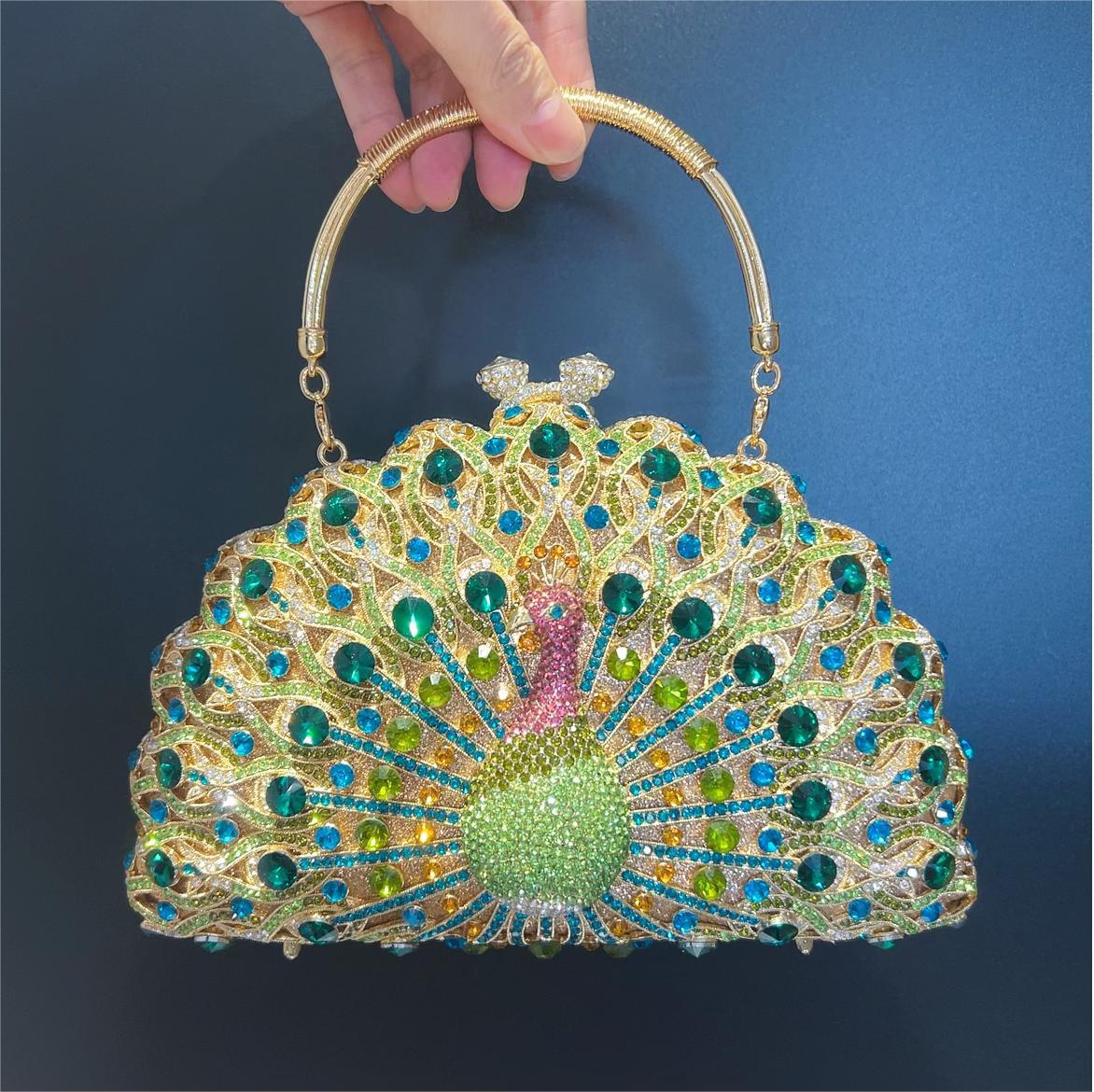 

Luxury Women Peacock Crystal Evening Bag Sparkling Rhinestone Wedding Purse Metallic Top Handle Clutch for Banquet Party