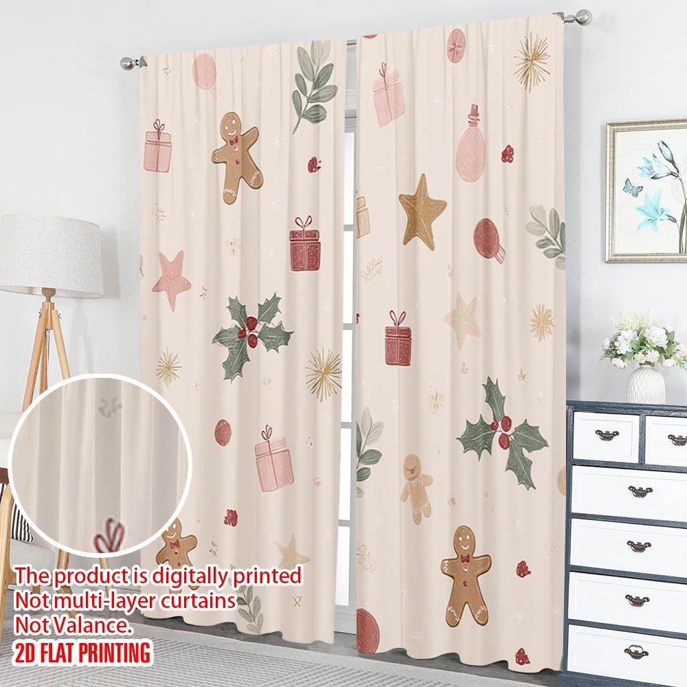 Set Of 2 Flat Printing Fashionable Christmas Curtains Holiday Stars Gingerbread Digital Printed Polyester Drapes Party Curtain Made