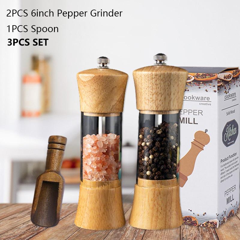 WXCOO 6inch Kitchen Pepper Grinder Sea Salt Grinder Ceramic Grinding Core Wooden Pepper Grinder Adjustable Manual Pepper Mill