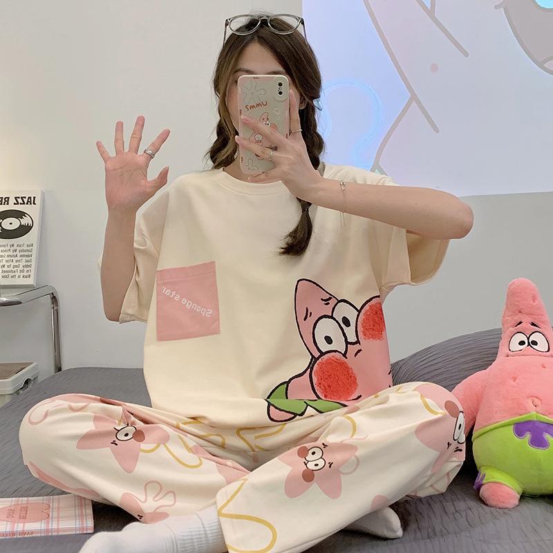 Women's Summer Pajama Set: Plus Size Loose Fit, Short Sleeve Top & Long Pants with Cartoon Design, Lightweight Home Wear