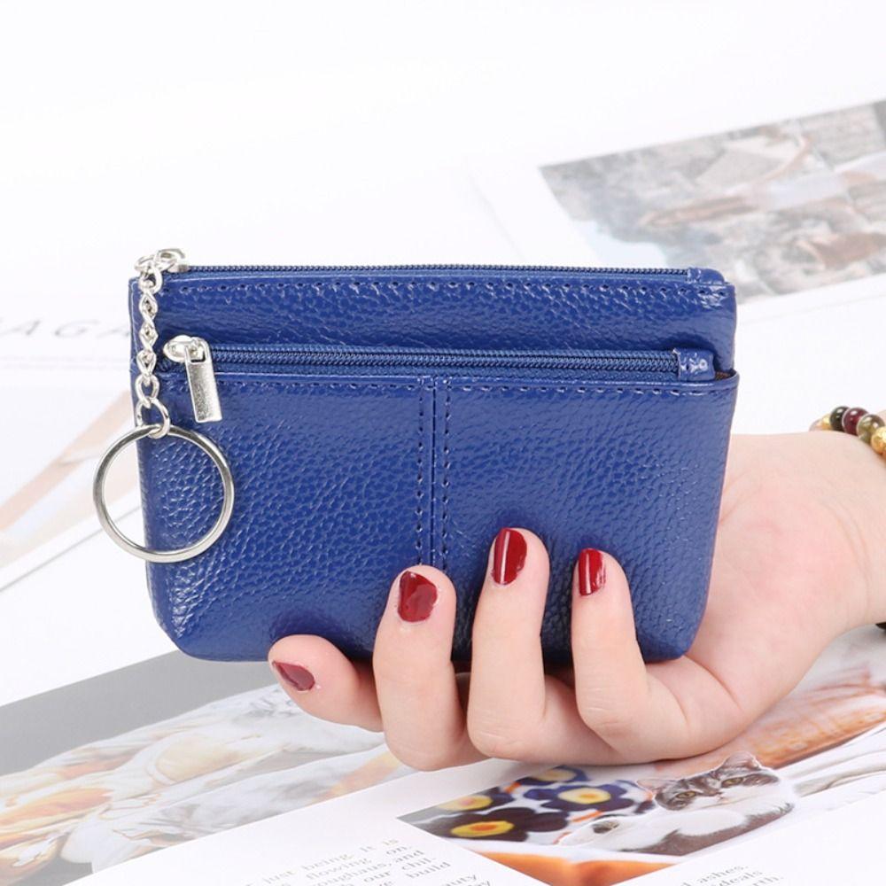 Portable PU Leather Coin Purse Mini Zipper Leather Purses with Keychain Solid Color ID Credit Card Holder