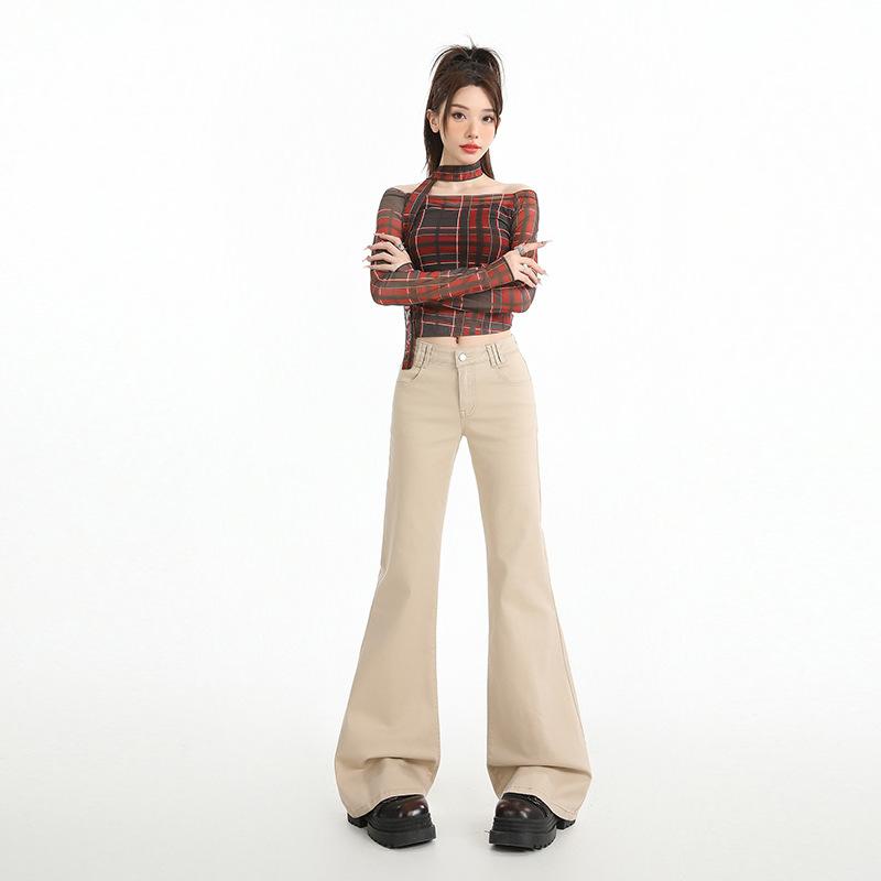 Khaki non-stick leg slightly pulled jeans women's autumn and winter new Spice Girl low-rise slim-fitting and thin flared pants