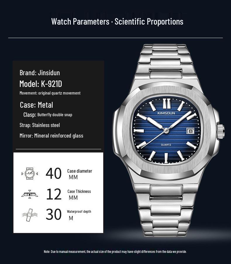 Jin Shidun Men's Luminous Quartz Skeleton Watch with Steel Band and Date Display.