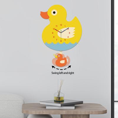 A Modern Cartoon Wooden Little Yellow Duck Large Swinging Wall Clock, Battery-Powered Silent Swinging Clock for Bedroom, Home, (Battery Not Included)