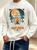 Men's Graphic Print Crew Neck Sweatshirt, Halloween Pattern, Enchanted Beast Haven Haunted House Moon Design, Casual Outdoor Apparel