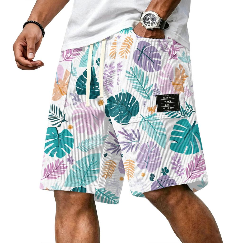 Men's Casual Corduroy Drawstring Shorts Tropical Leaf Print Lightweight Summer Beachwear Relaxed Fit Mid-Length Bottoms