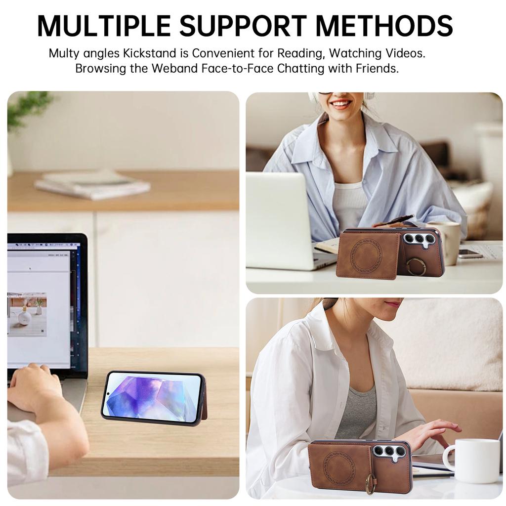 For Samsung Galaxy S25+/S24+ Case Card Holder Kickstand Leather + TPU Phone Cover with Ring Holder