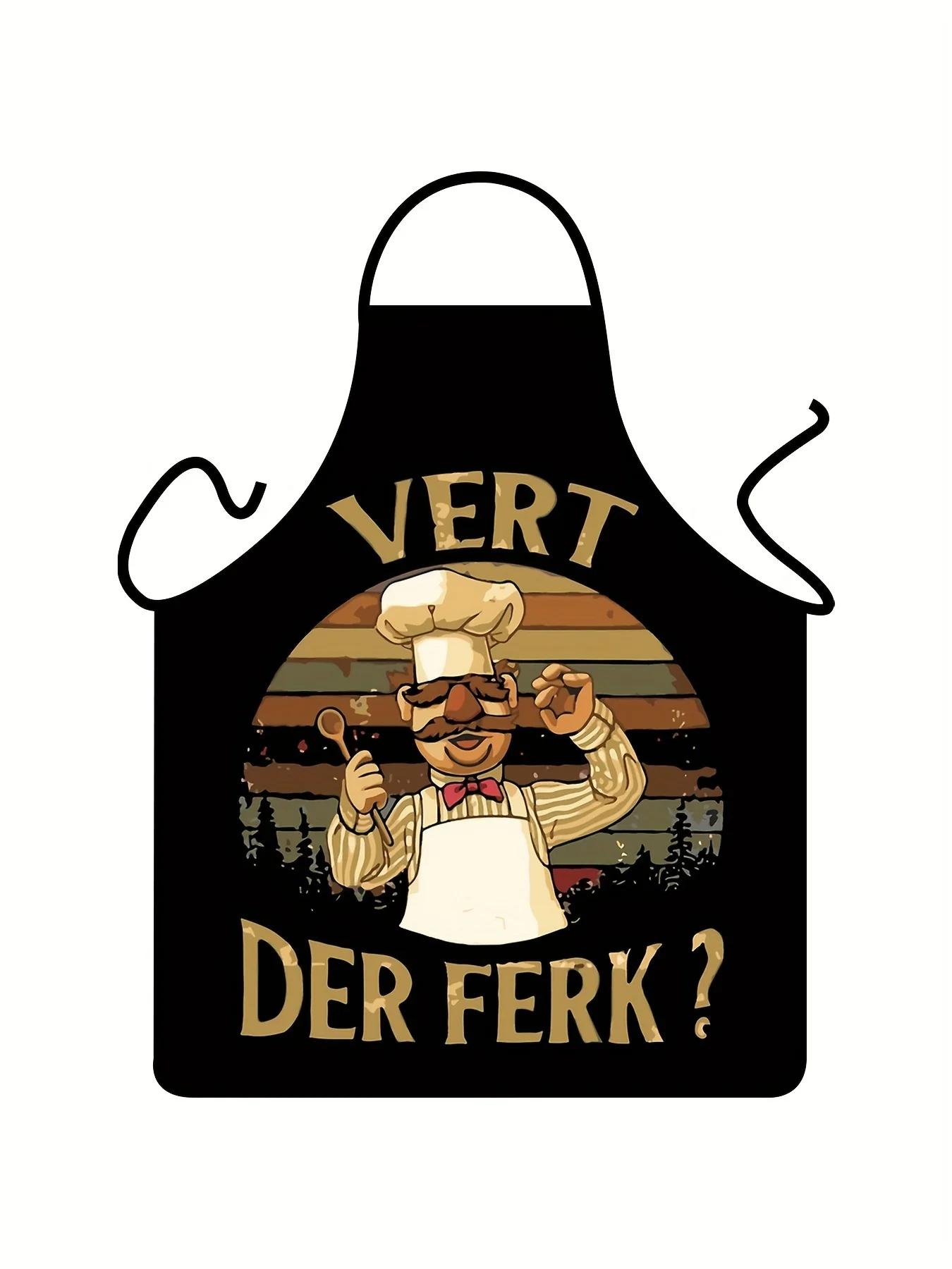 

Men s Retro Chef Apron with Vintage Cartoon & Vert der Ferk Print for Cooking, Workwear & Casual Kitchen Use чёрный