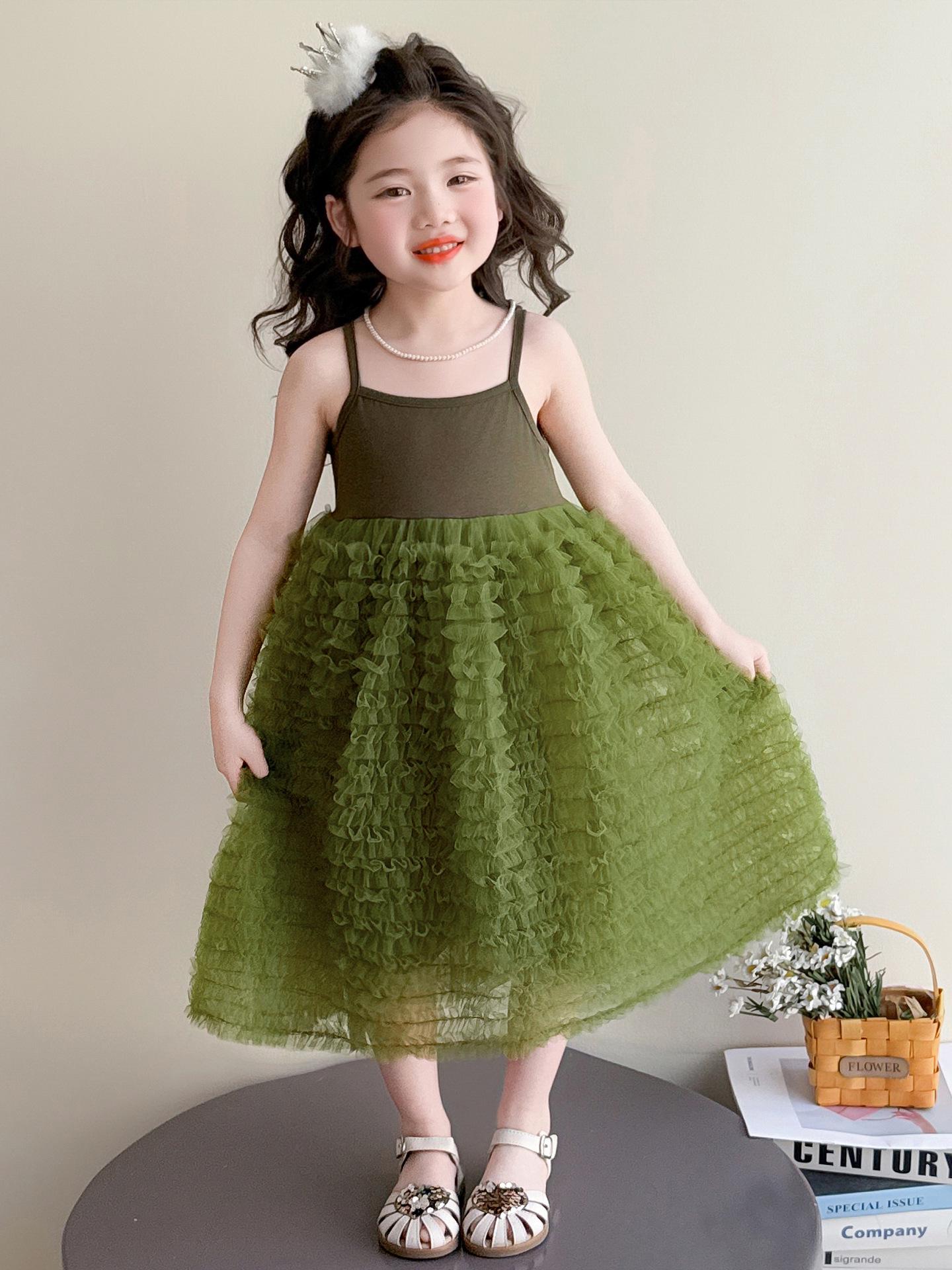 Sweet Girls Green Mesh Layered Princess Dress - Summer 2026 Fluffy Skirt 140 cm
