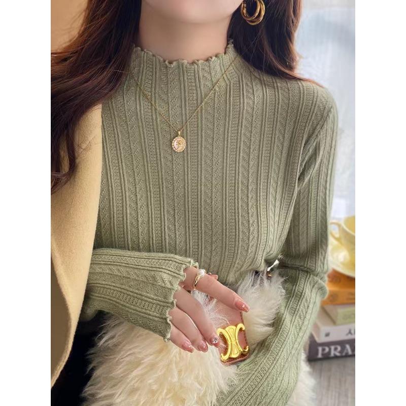Autumn and Winter Women's Wooden Ear Bottoming Sweater, Fashionable New Half-high Collar Women's Long-sleeved Thick Sweater 2618#