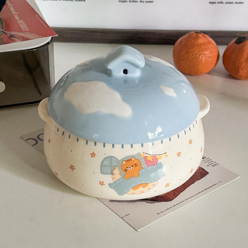 Ins Cute Ceramic Steamed Egg Bowl with Lid Crock Pot Binaural Stew Cup Soup Cup Household Steamed Egg Custard Children's Special Bowl