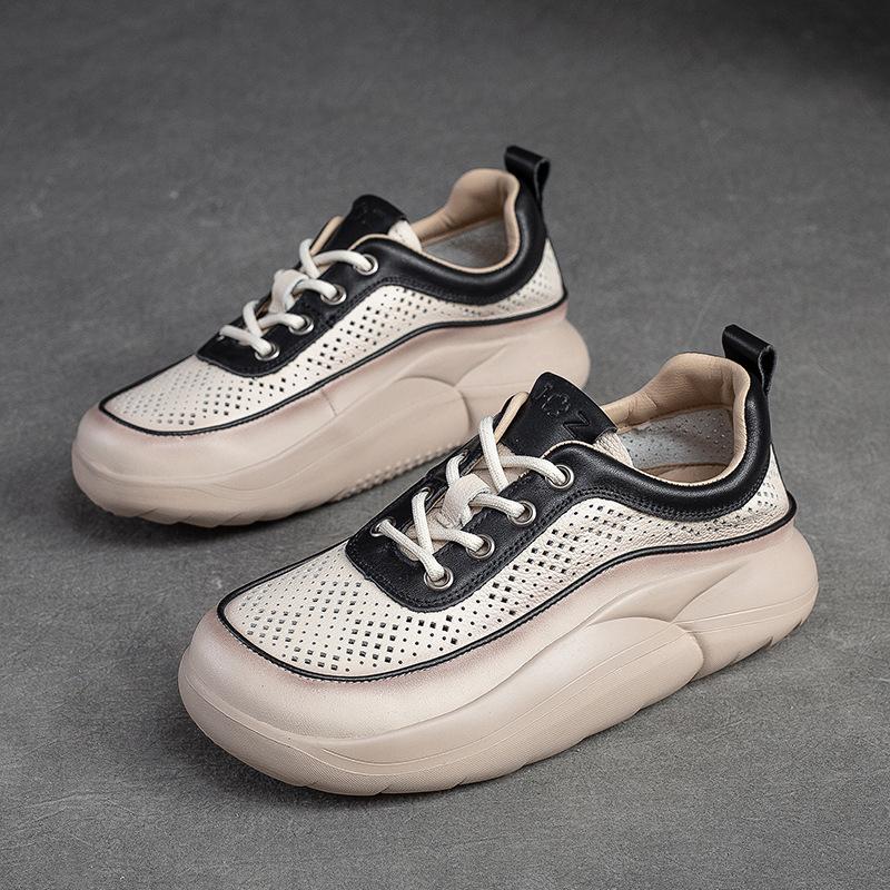 Fashion GKTINOO Hollow Sandals Women Sneakers Genuine Leather Shoes Thick-soled 2025 New Handmade Comfortable Retro Platform Sneakers