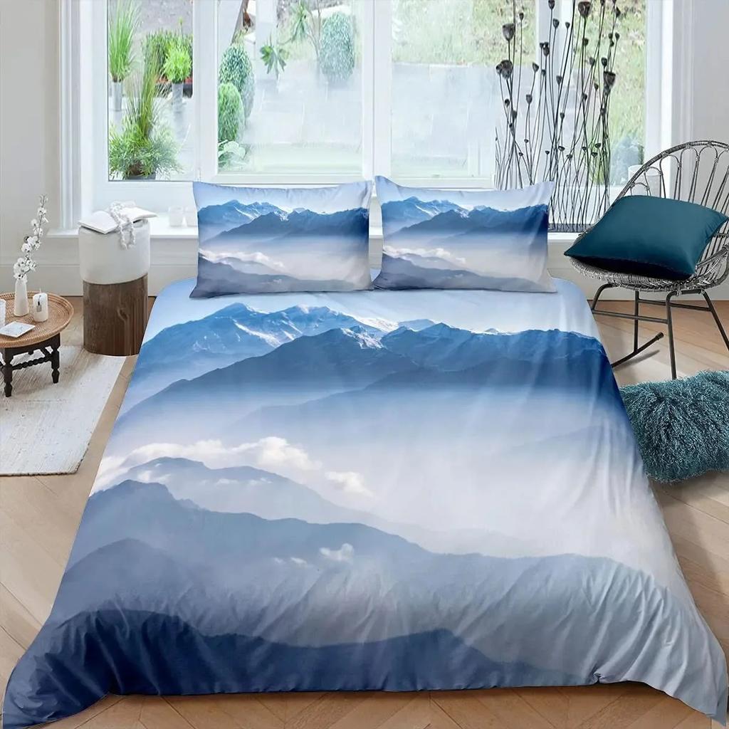 Comforter Smoky Mountain Misty Forest Bedding Set Full Queen Size Grey Trees Natural Scenery Art Comforter