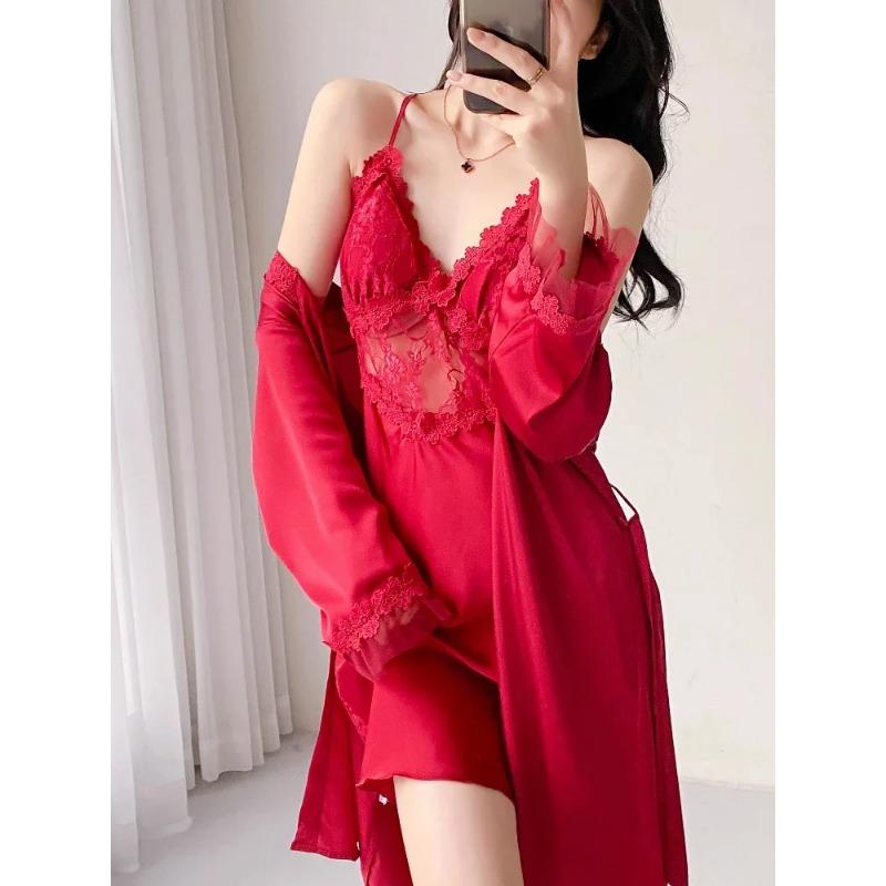 Jedwabne szlafroki damskie, seksowna koronkowa bielizna z głębokim dekoltem w serek i odkrytymi plecami, wyściełany zestaw szlafroka do spania z paskiem do wiązania do domu