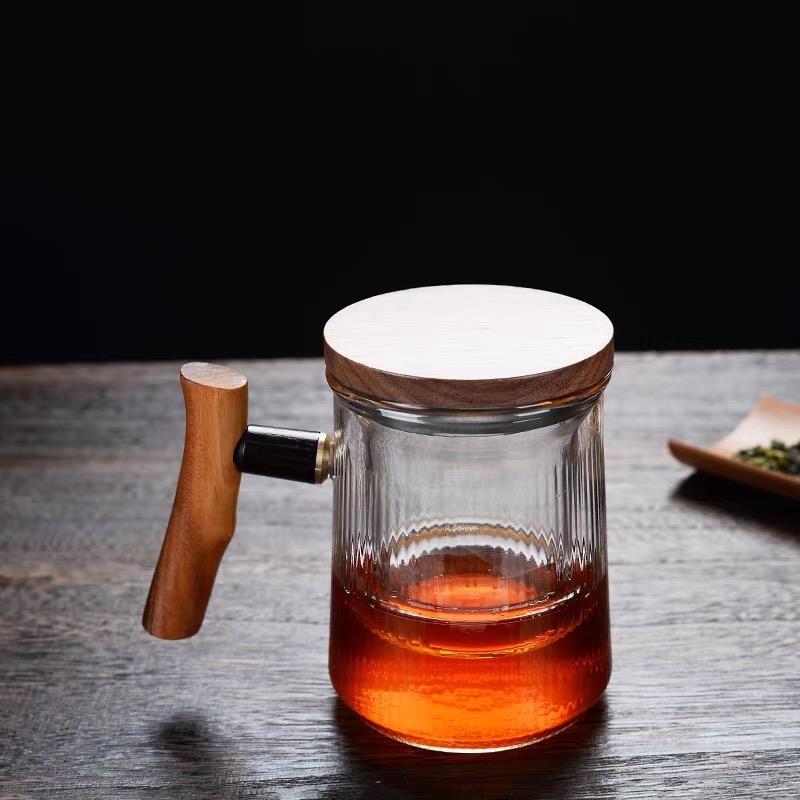 380ml Vertical Stripe Glass Tea Cup With Wooden Handle Lid Flower Office Brewing Flower Puer Tea Mug Drinkware