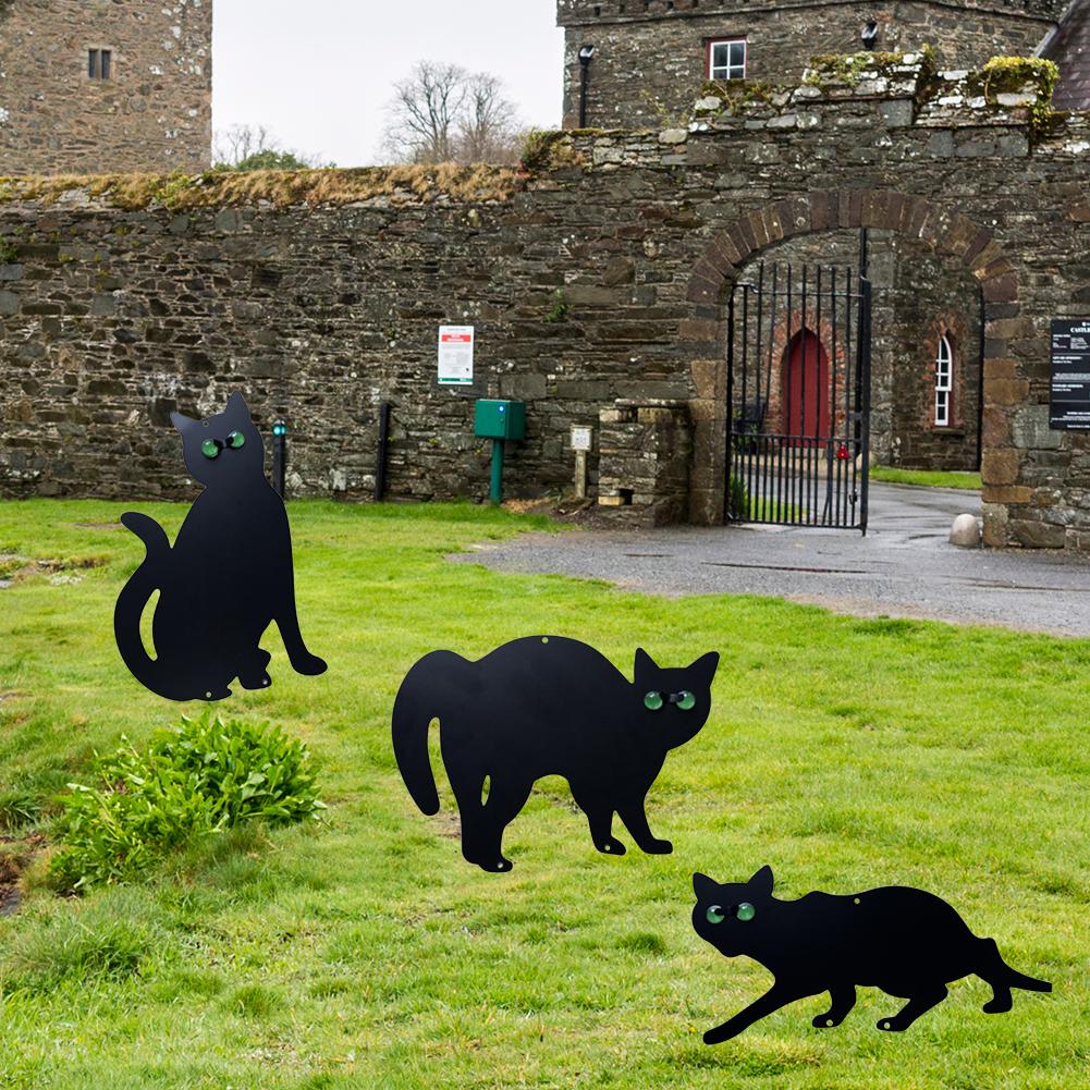 3 Pezzi Pali da Giardino in Metallo Gatto Nero con Occhi Riflettenti Pali Gatto Dissuasore per Uccelli Pali Decorativi da Esterno per Giardino Esterno