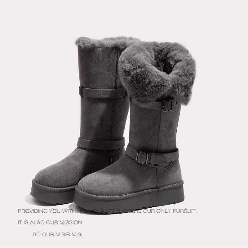 Botas de Nieve Altas Grises para Mujer 2025 para Todas las Estaciones con Suela Gruesa y Forro de Terciopelo - Estilo Algodón de Media Pantorrilla