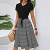 Women's Casual Fashion Belted Striped Printed Short Sleeve Round Neck Elegant Flowing Dress