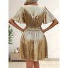 Metallic Texture Deep V Neck Ruffle Short Sleeve Solid Smocked Midi Dress For Women