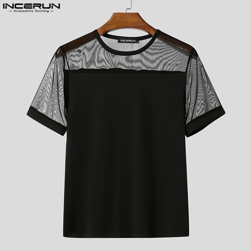INCERUN Men Short Sleeve Mesh Sheer Patchwork Fitted T-shirts