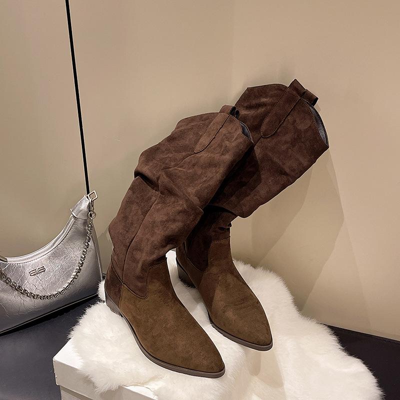 Vintage Wildleder Maillard Stiefel Damen Herbst und Winter Dicker Absatz Spitze Plissiert Flor Stiefel Western Cowboy Stiefel Kurz