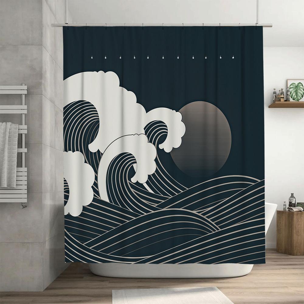 Black White Ocean Wave Shower Curtain Modern Design For Bathroom Decorations Size Customizable For Tub Or Bathtub