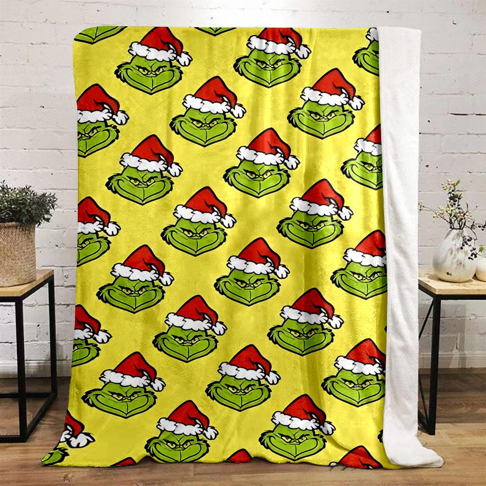 Green Santa Faces on Yellow Background Patterned flannel blanket perfect for the bedroom living room, sofa, or a little nap