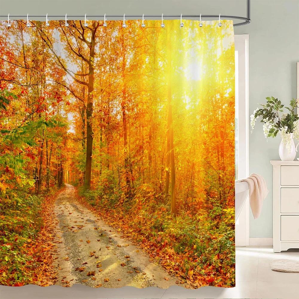 Hochwertiger Birkenwaldstoff Duschvorhang Wasserdicht Naturlandschaft Gedruckte Badevorhänge für Badezimmerdekor mit Haken