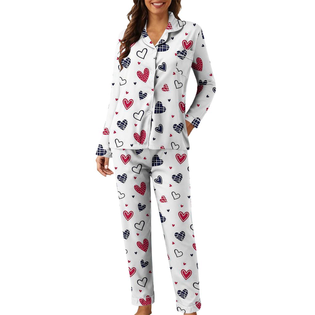 Women's Casual Fashion Heart Print Long-Sleeved Top And Trousers Homewear Set