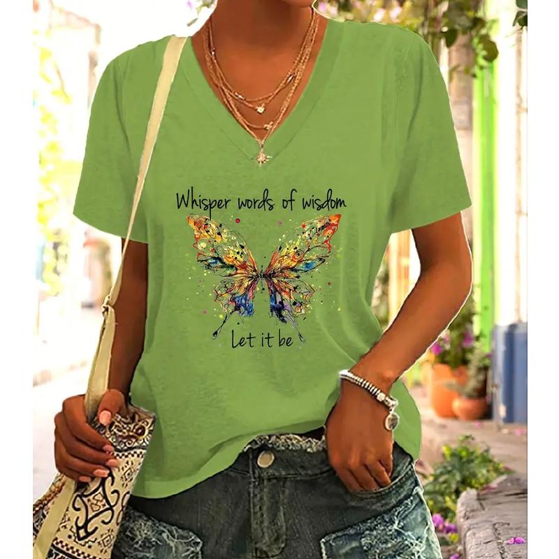 Fashion Colorful Butterfly Painting Blouses Short Sleeved V-Neck T Shirts Casual