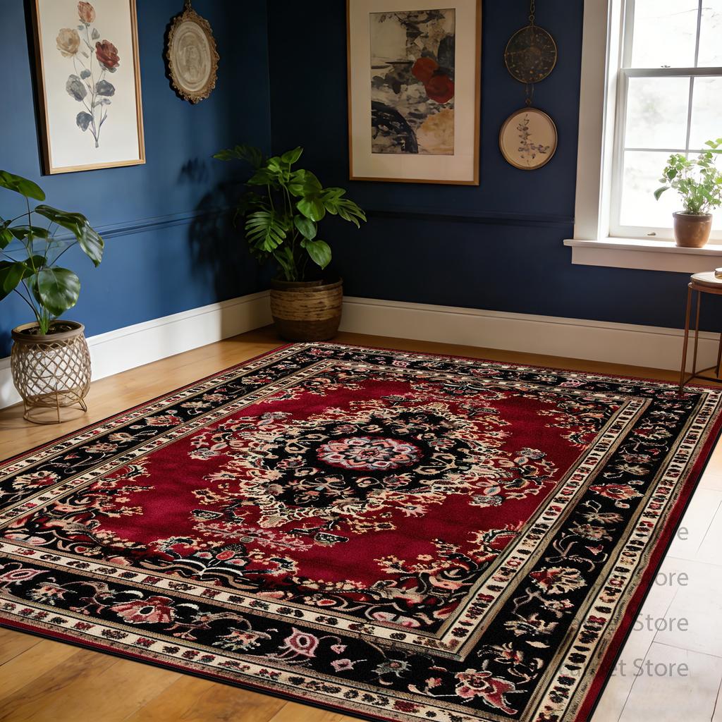 Retro Red Living Room Carpet Flower Pattern Decoration Large Area Soft Rug Bedroom Dining Room Washable Non-slip Mat Pile Fabric