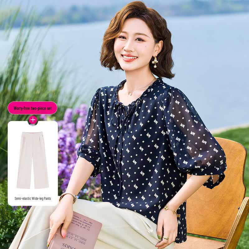 KAVON Women s Summer Printed Chiffon 3/4 Sleeve Top & Loose Pants Set 3XL чёрный
