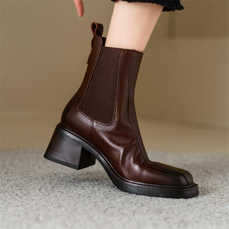 Fashion New Autumn Winter Genuine Leather Women Boot Fashion Boots Square Toe Chunky Heels Boots for Women High Heels Zapatos Mujer