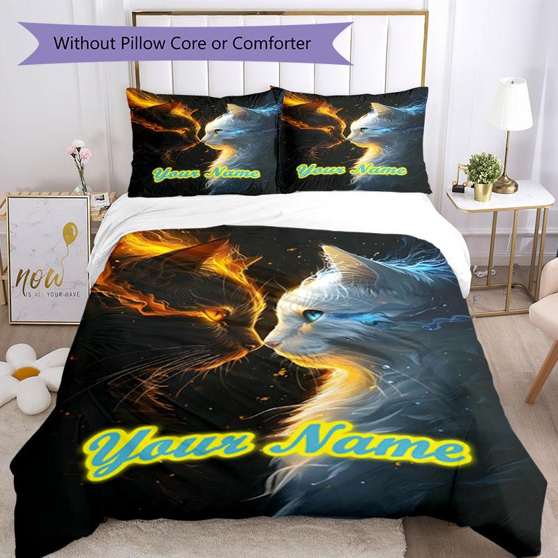 3PC Custom Name Flame Ice Cats Bedding Set Duvet Cover Closure Includes 1 Duvet Cover & 2 Pillowcases for Bedroom
