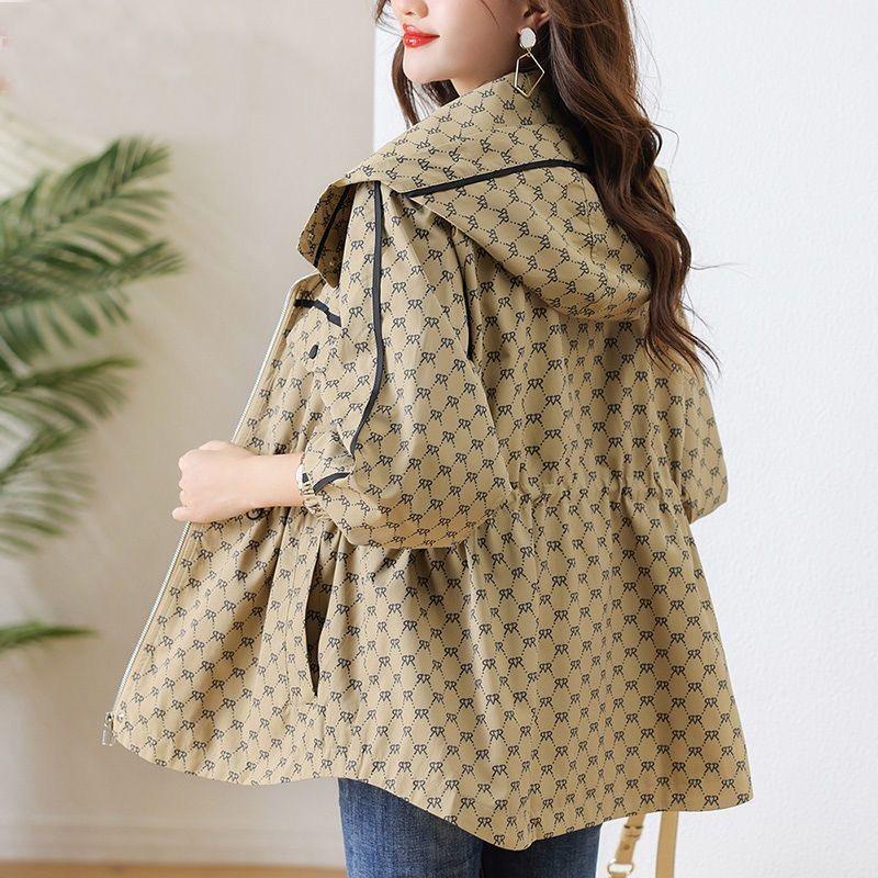 Print Drawstring Waist Hooded Trench Coats Mid Length Big Size Loose Vintage Korea Women Fashion Windbreaker