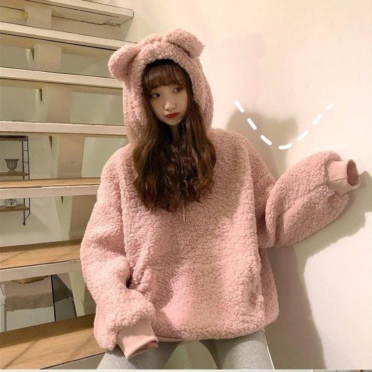 Winter Lamb Plush Coat Women's Teddy Bear Hoodie Women's Loose Jacket Women's College Style with Thickened Fleece