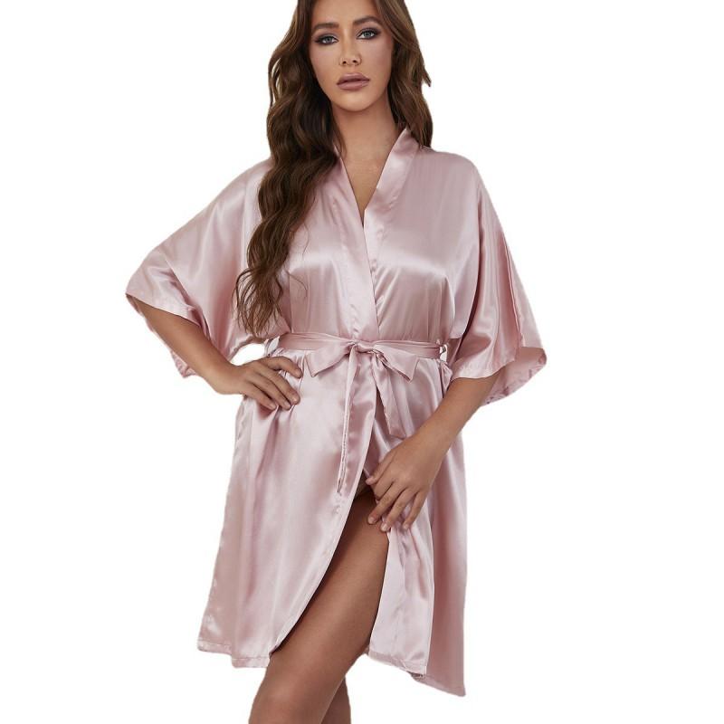 Ice Silk Robe Womens Casual Loungewear Mid Length Open Front Bathrobe