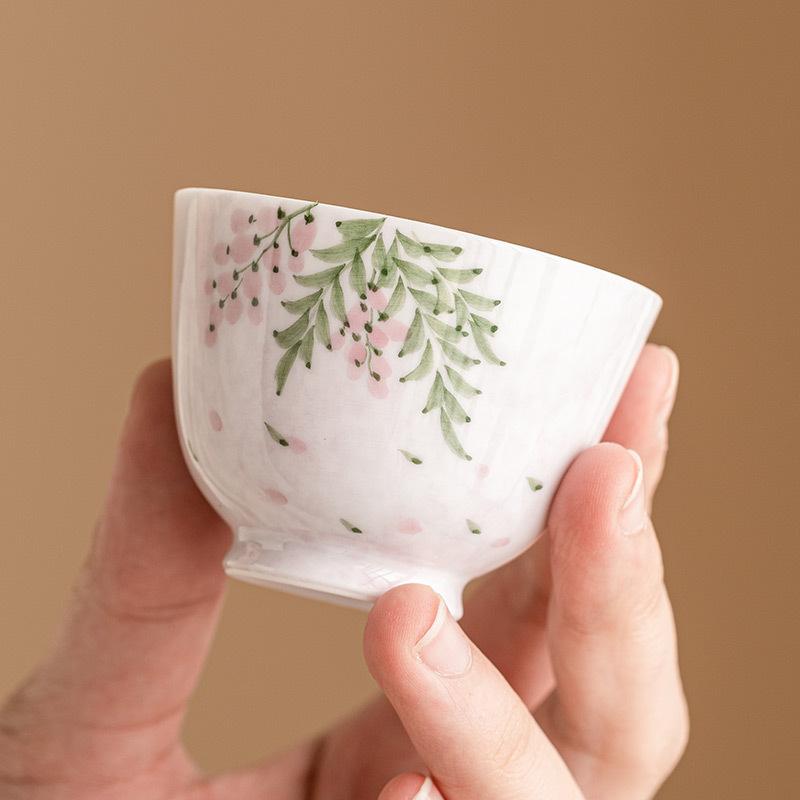 Hand-painted Wisteria Flower Teacup Ceramic Master Cups Retro Vintage Household Tea Bowls Chinese Kung Fu Teaware Set Gift Box